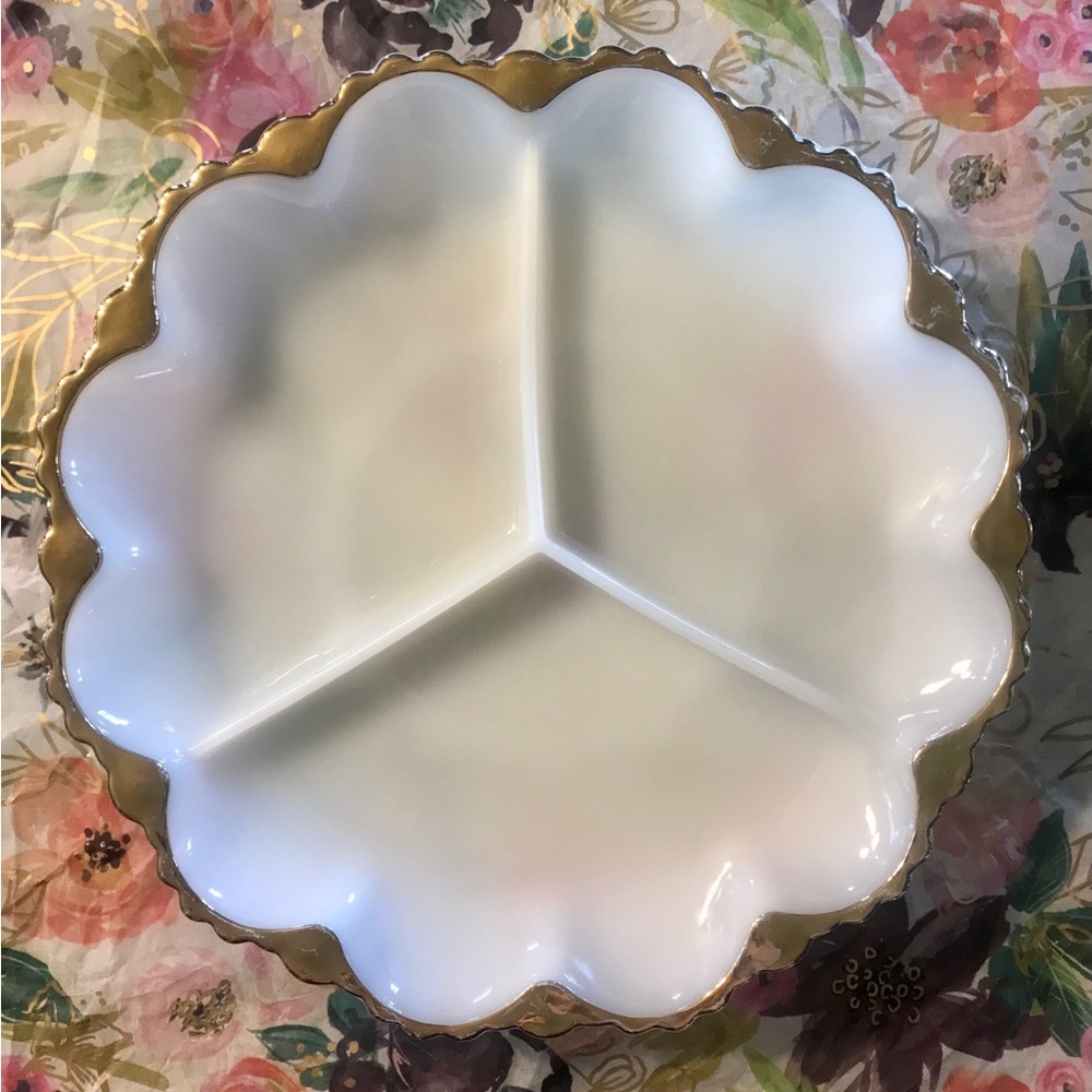 Vintage Anchor Hocking Fire King Milk Glass Gold Trim Divided Relish Dish White